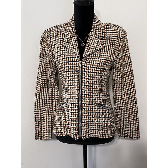 Vtg Y2K Tweed Houndstooth Blazer Jacket Wool Womens Small Zip Pocket Preppy - Picture 3 of 15